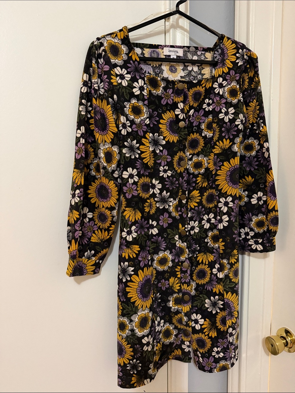 Sunflower Floral Button-Front Dress - Black/Yellow/Purple